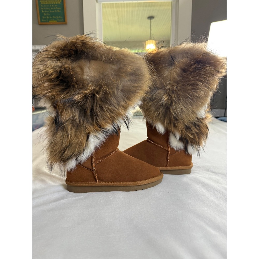 APHNOS Chestnut Brown Suede Faux Fur Trim Winter Boots Size 34/35